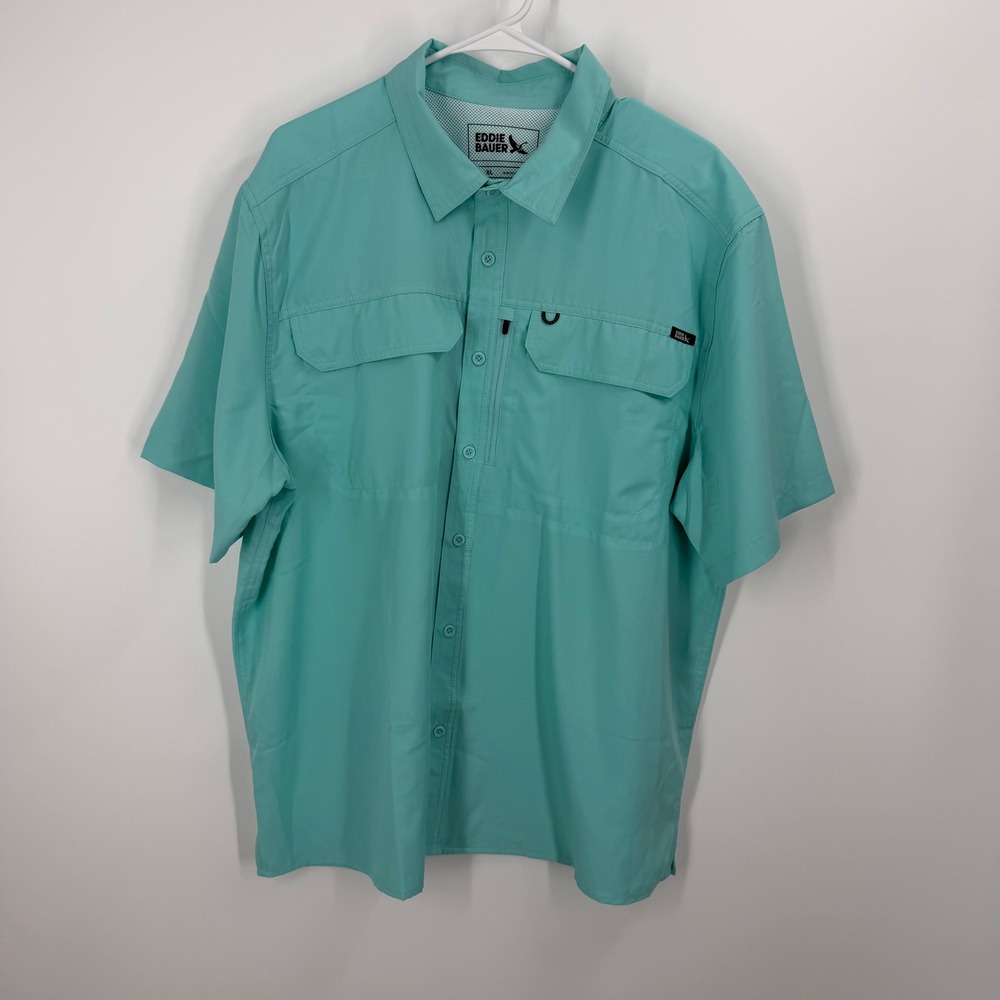 Eddie Bauer Fishing Shirt Mens XL Teal Short Sleeve Vented Ripstop Button Up